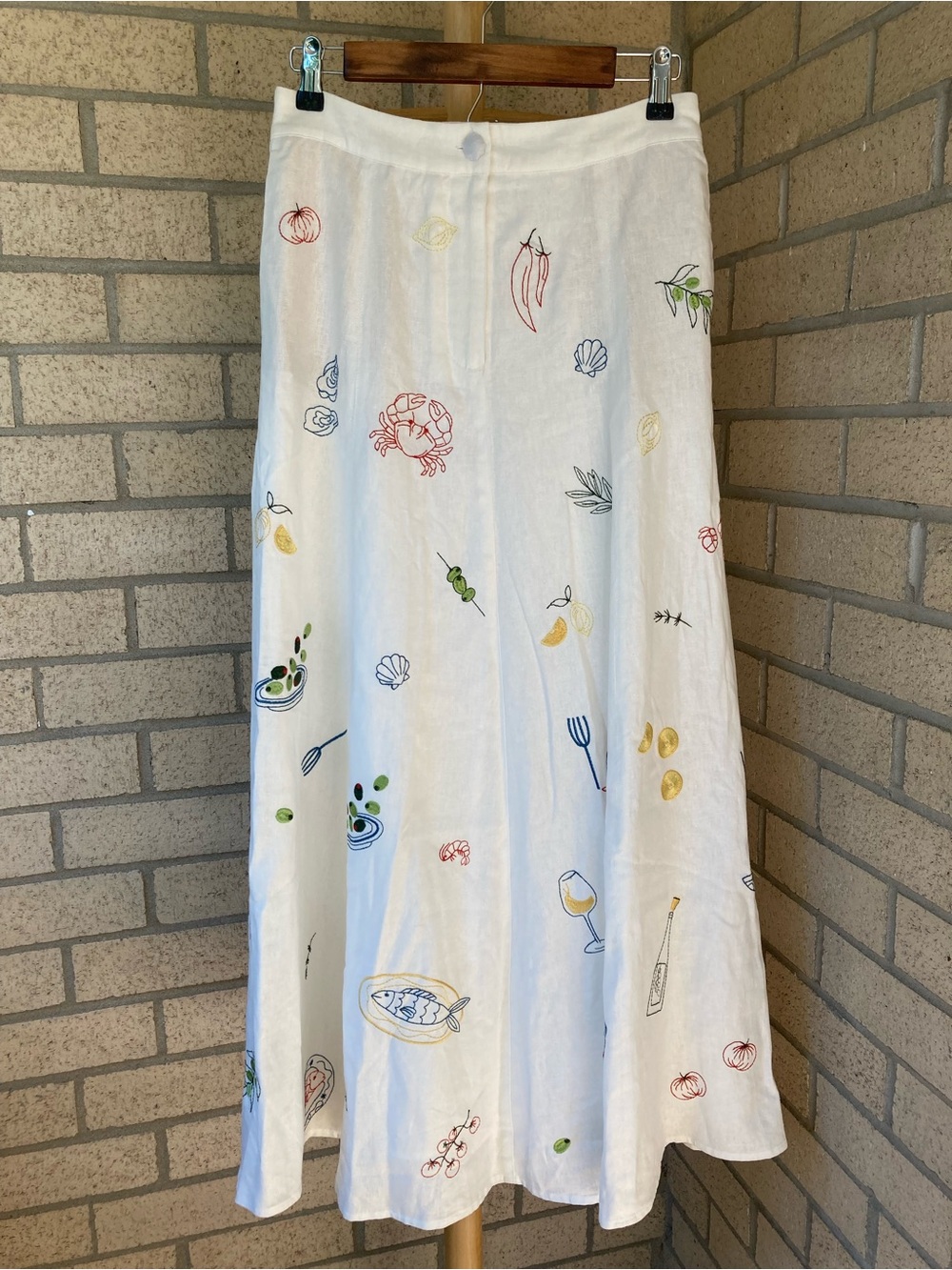 Caroline Constas Seafood Olives Fish Wine Embroidered White Linen Blend Skirt